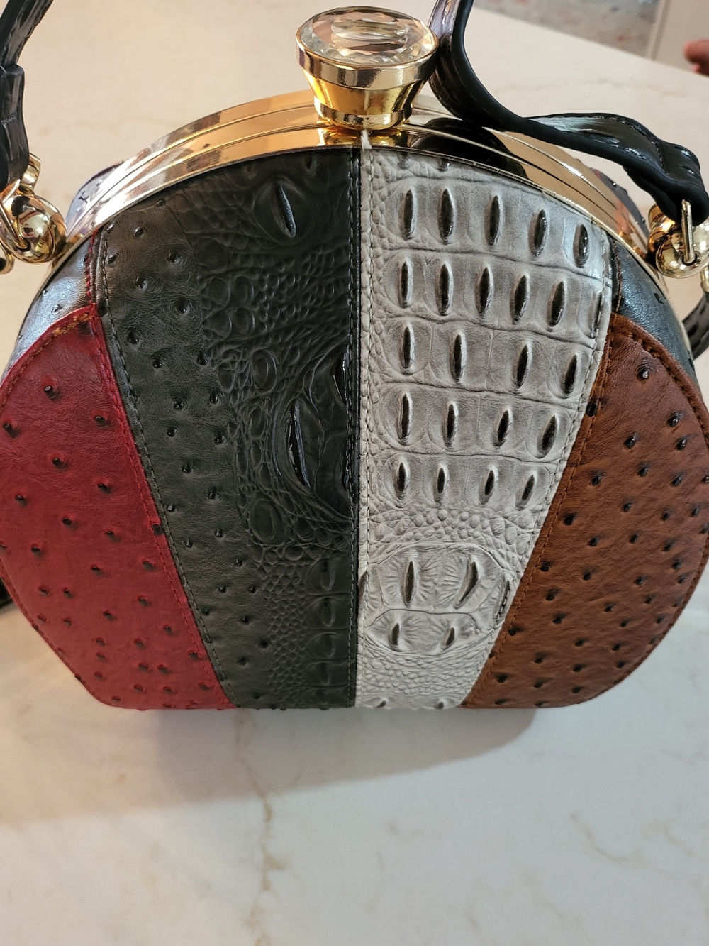 Multi-Color Textured Round Top-Handle Bag - White, Black, Red, Brown